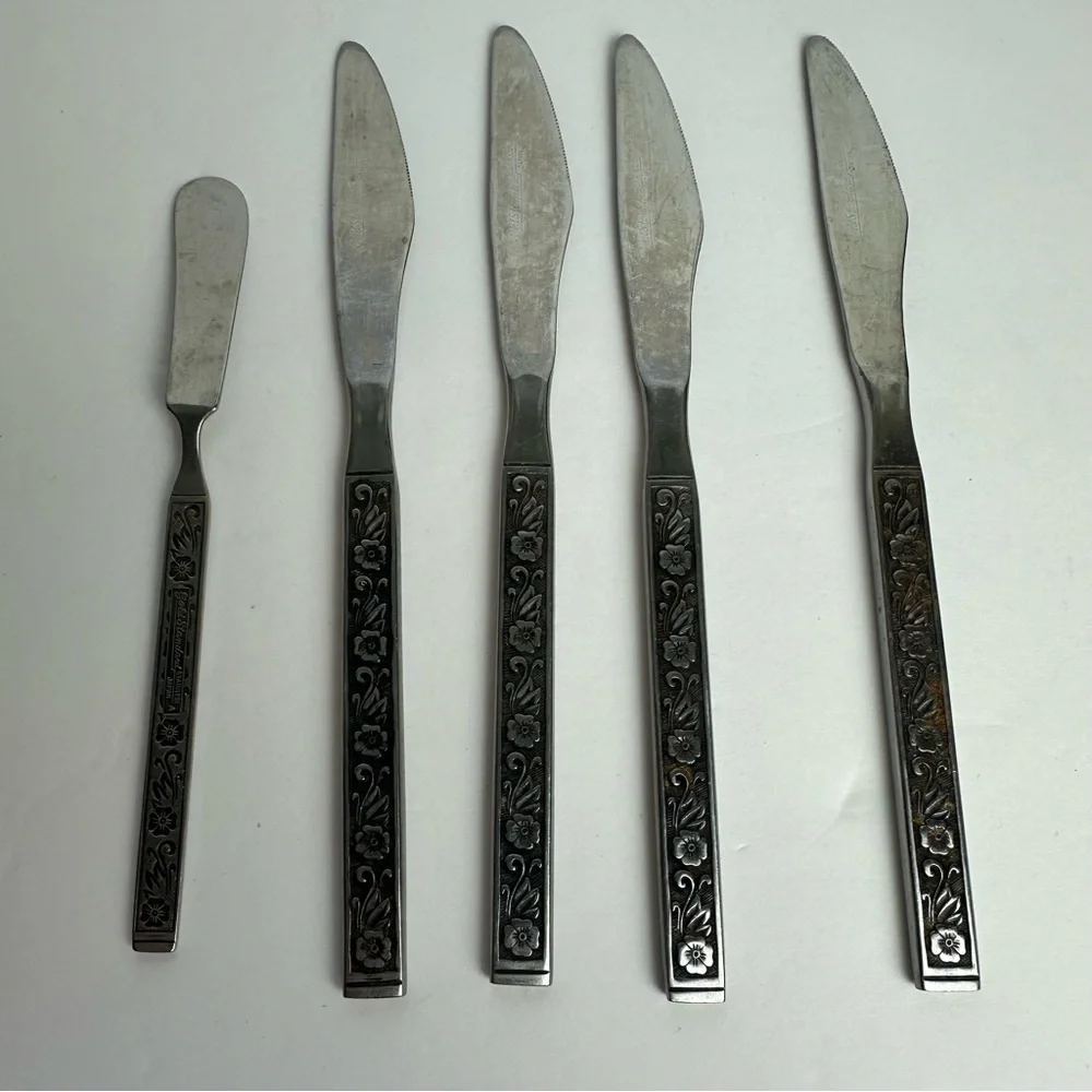 Vintage Gold Standard Night Blossom Table Knives (4) & Butter Knife (1) Japan